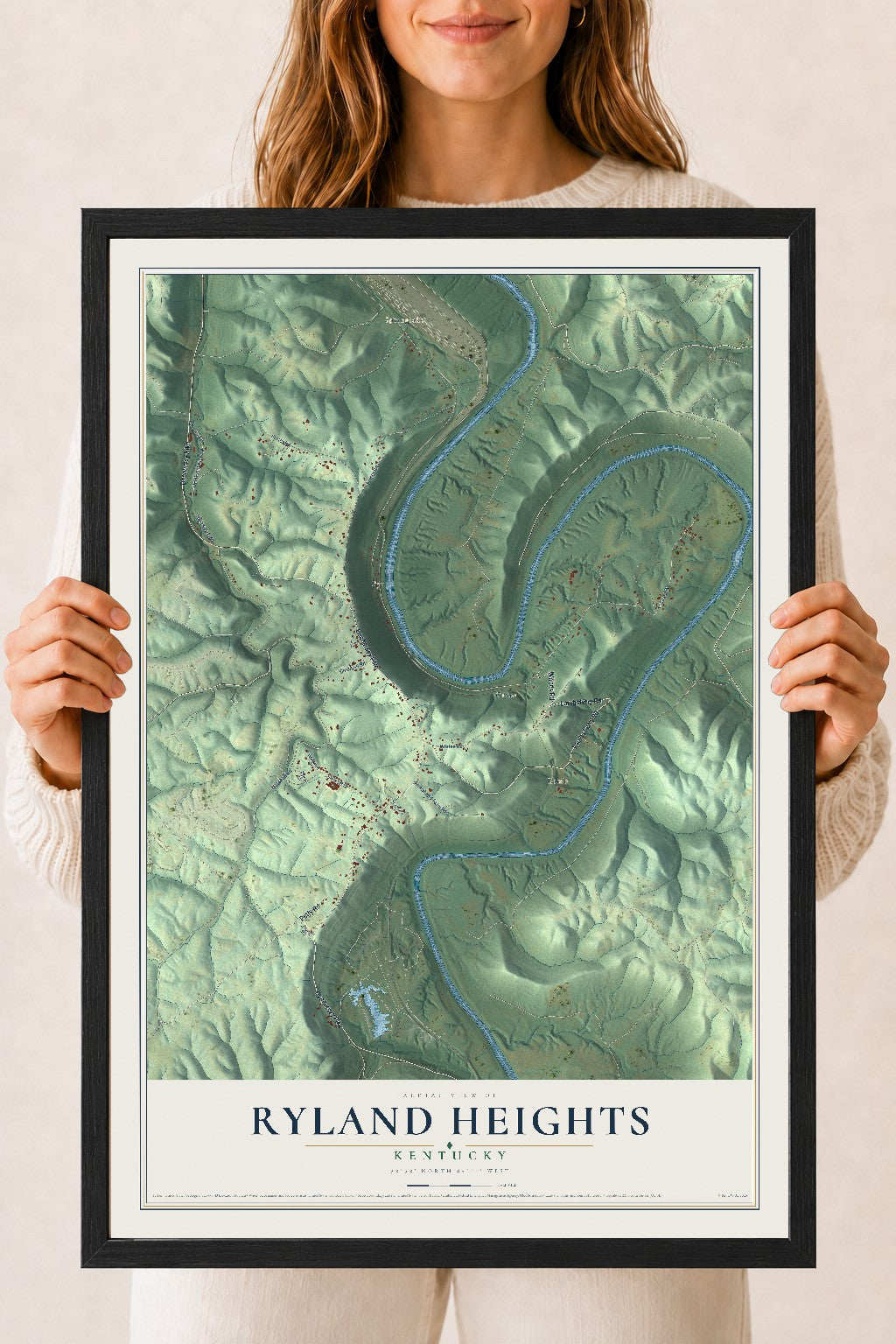 Map of Ryland Heights, Kentucky, 18 x 24 inch print in a black wood frame