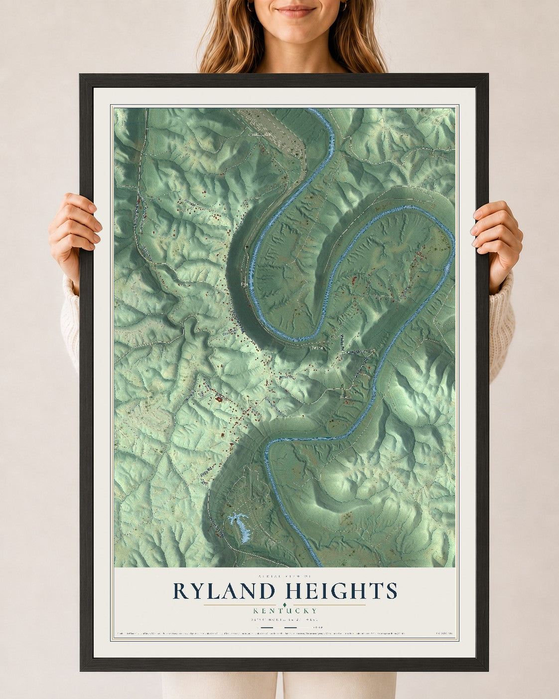Map of Ryland Heights, Kentucky, 24 x 36 inch print in a black wood frame