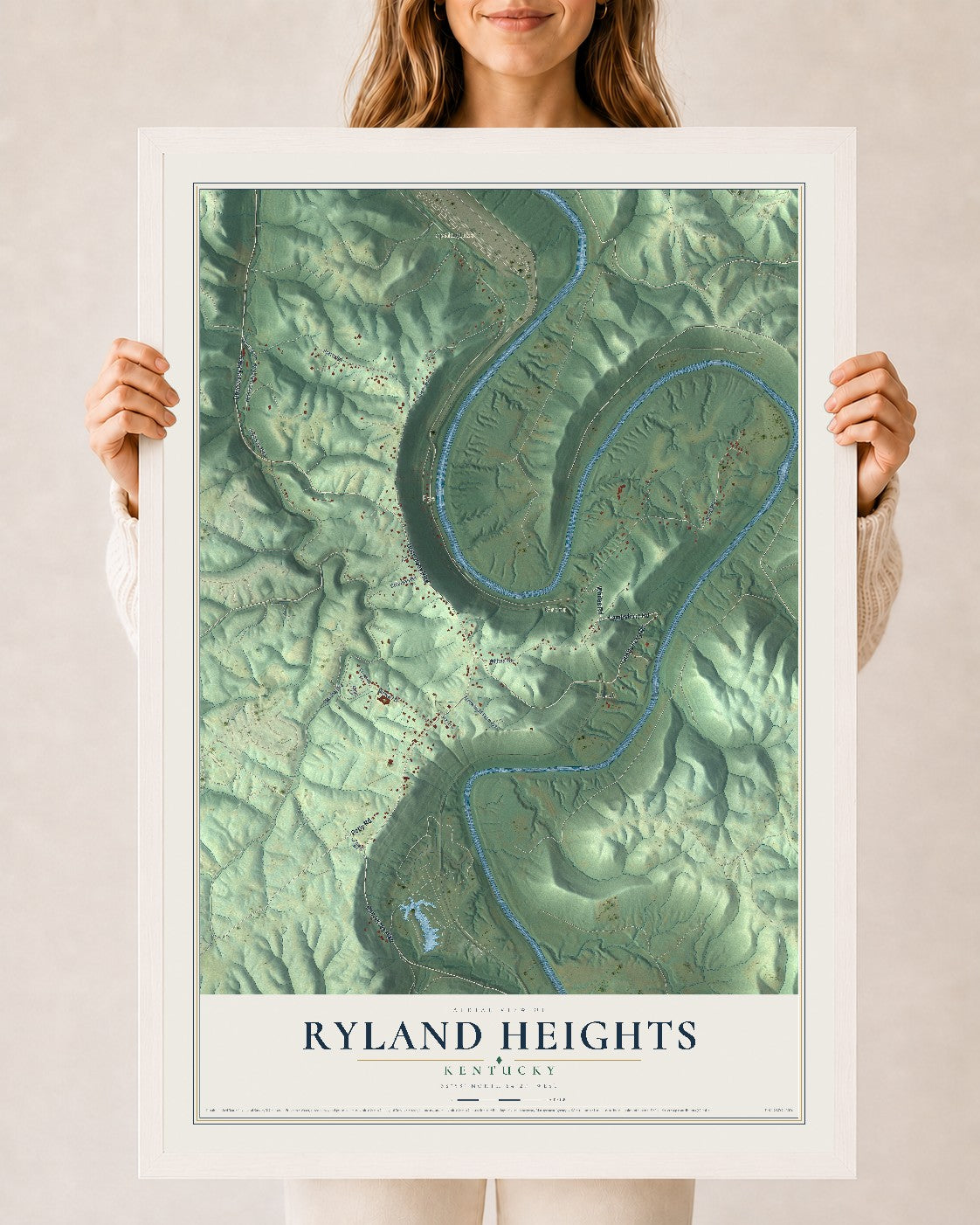 Map of Ryland Heights, Kentucky, 24 x 36 inch print in a white wood frame