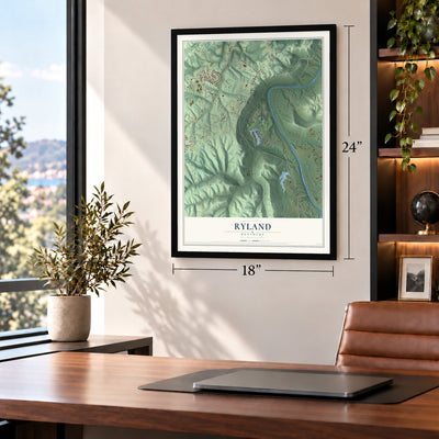 Ryland, Kentucky map, 18 x 24 inch print in a black frame in a home office