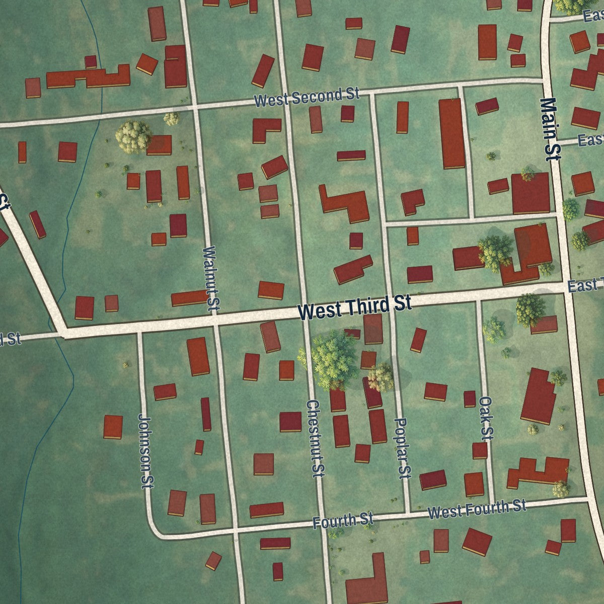 Close-up of the map of Sacramento, Kentucky print showing street and building detail