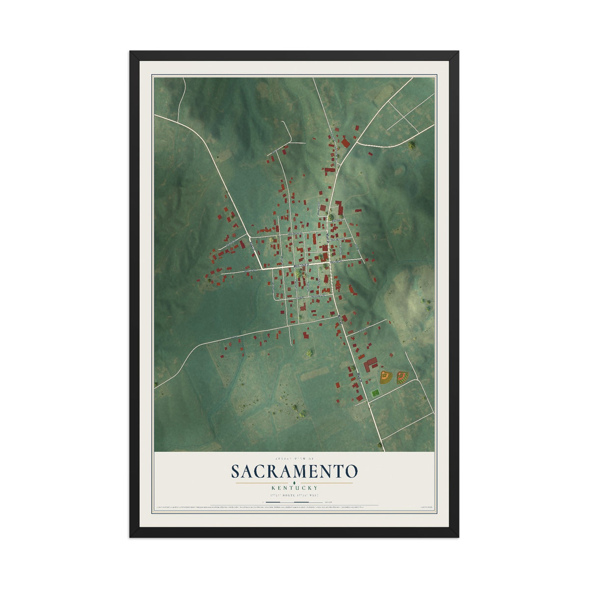 Map of Sacramento, Kentucky, 12 x 18 inch print in a black wood frame