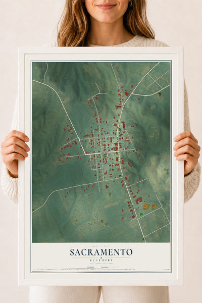 Map of Sacramento, Kentucky, 18 x 24 inch print in a white wood frame