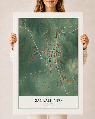 Map of Sacramento, Kentucky, 24 x 36 inch print in a white wood frame