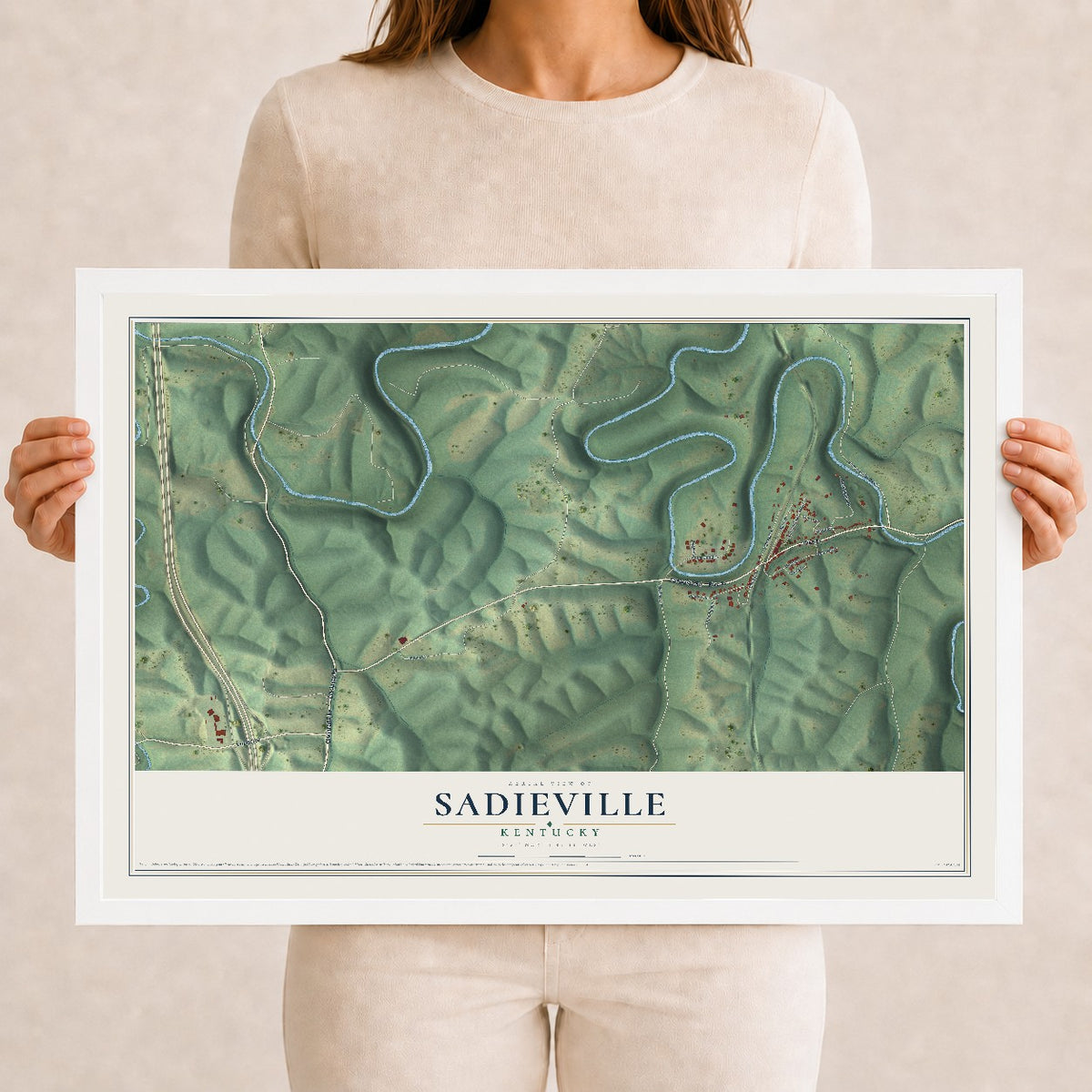 Map of Sadieville, Kentucky, 12 x 18 inch print in a white wood frame