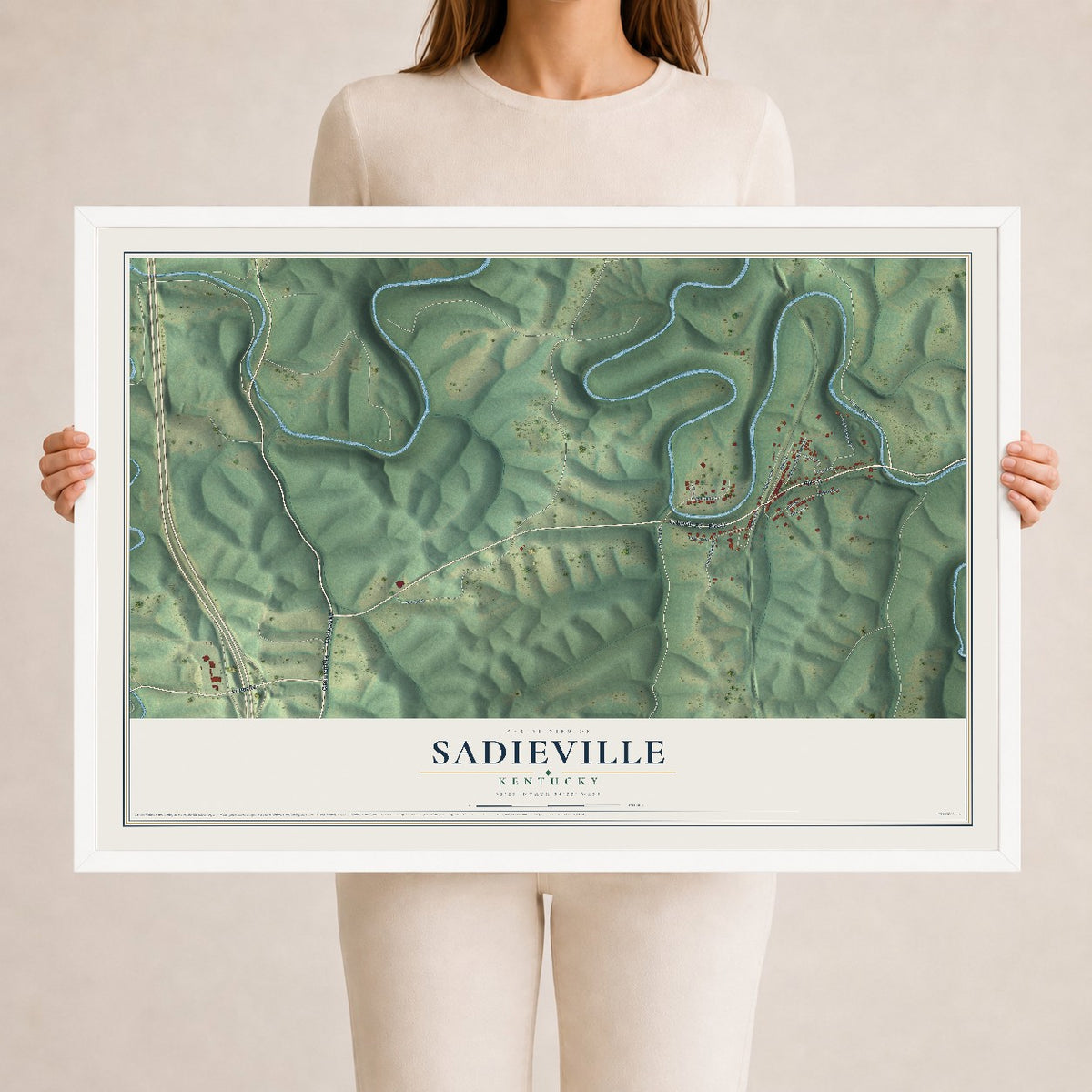 Map of Sadieville, Kentucky, 24 x 36 inch print in a white wood frame