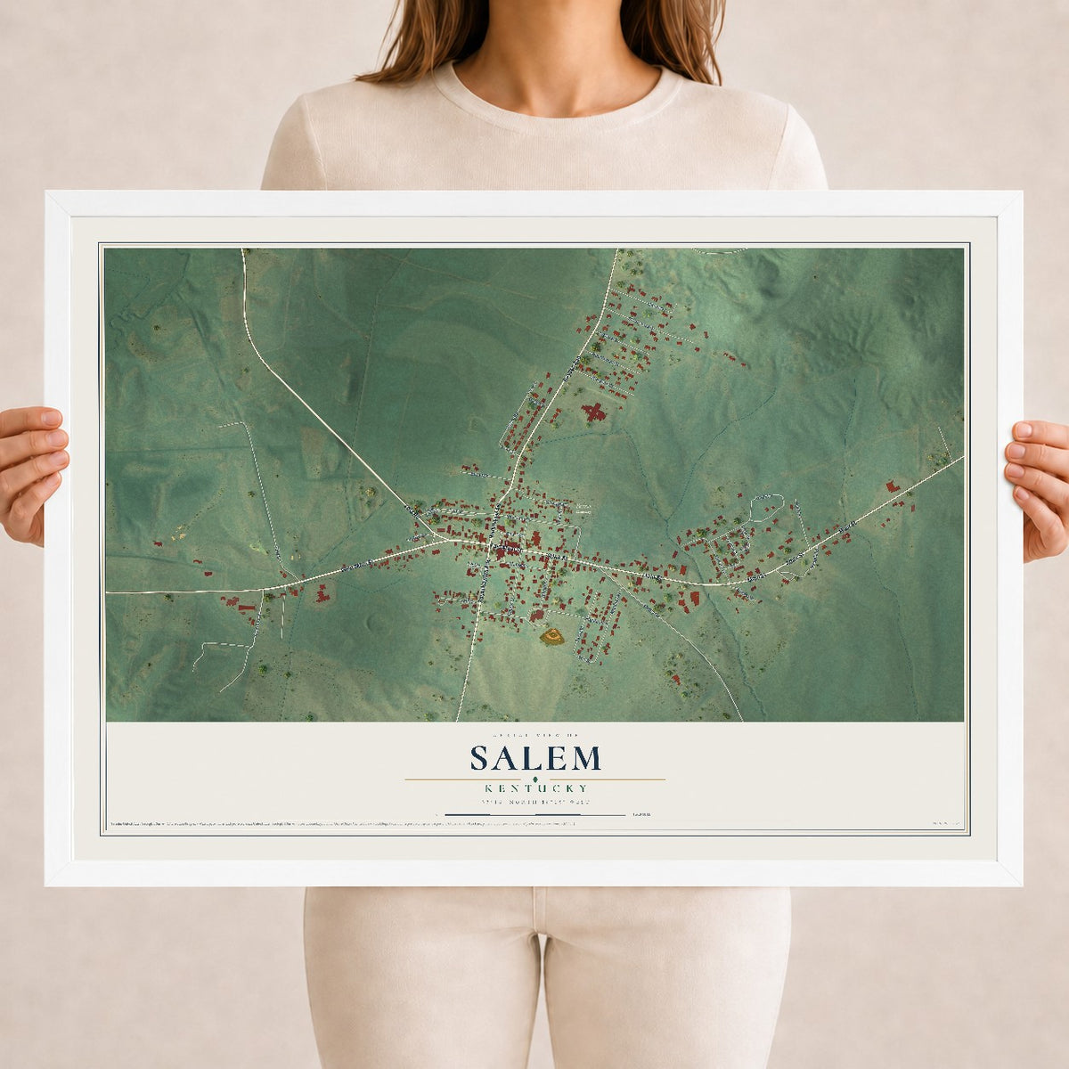 Map of Salem, Kentucky, 18 x 24 inch print in a white wood frame
