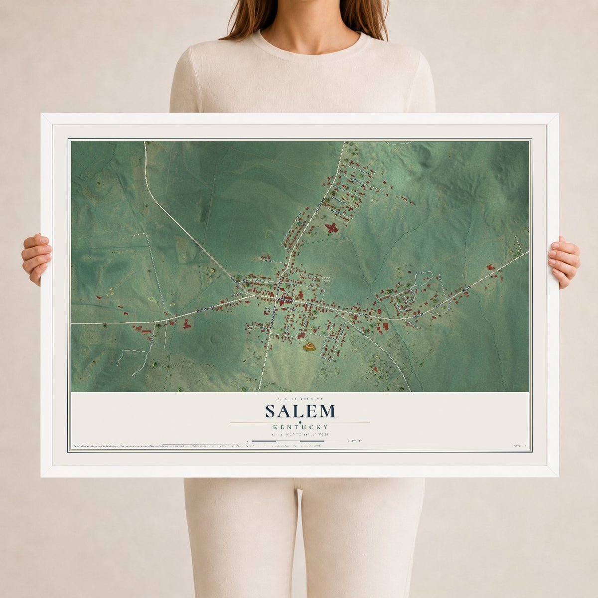 Map of Salem, Kentucky, 24 x 36 inch print in a white wood frame