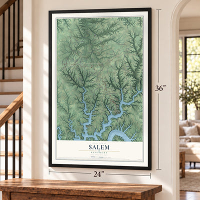 Salem, Russell County, Kentucky map, 24 x 36 inch print in a black frame by a staircase