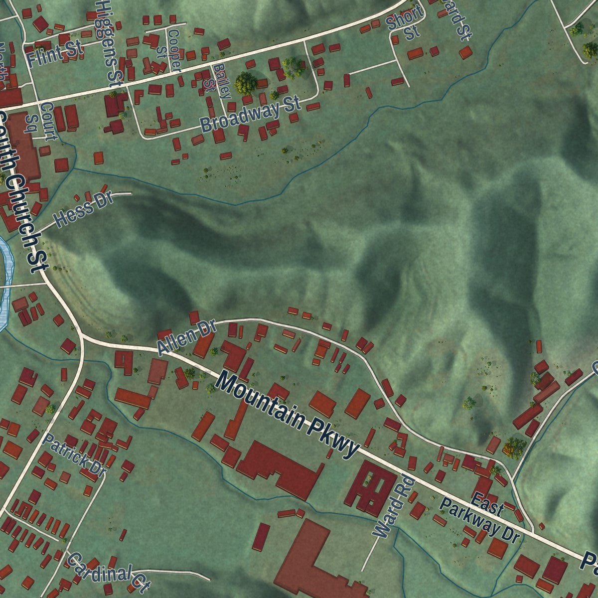 Close-up of the map of Salyersville, Kentucky print showing street and building detail
