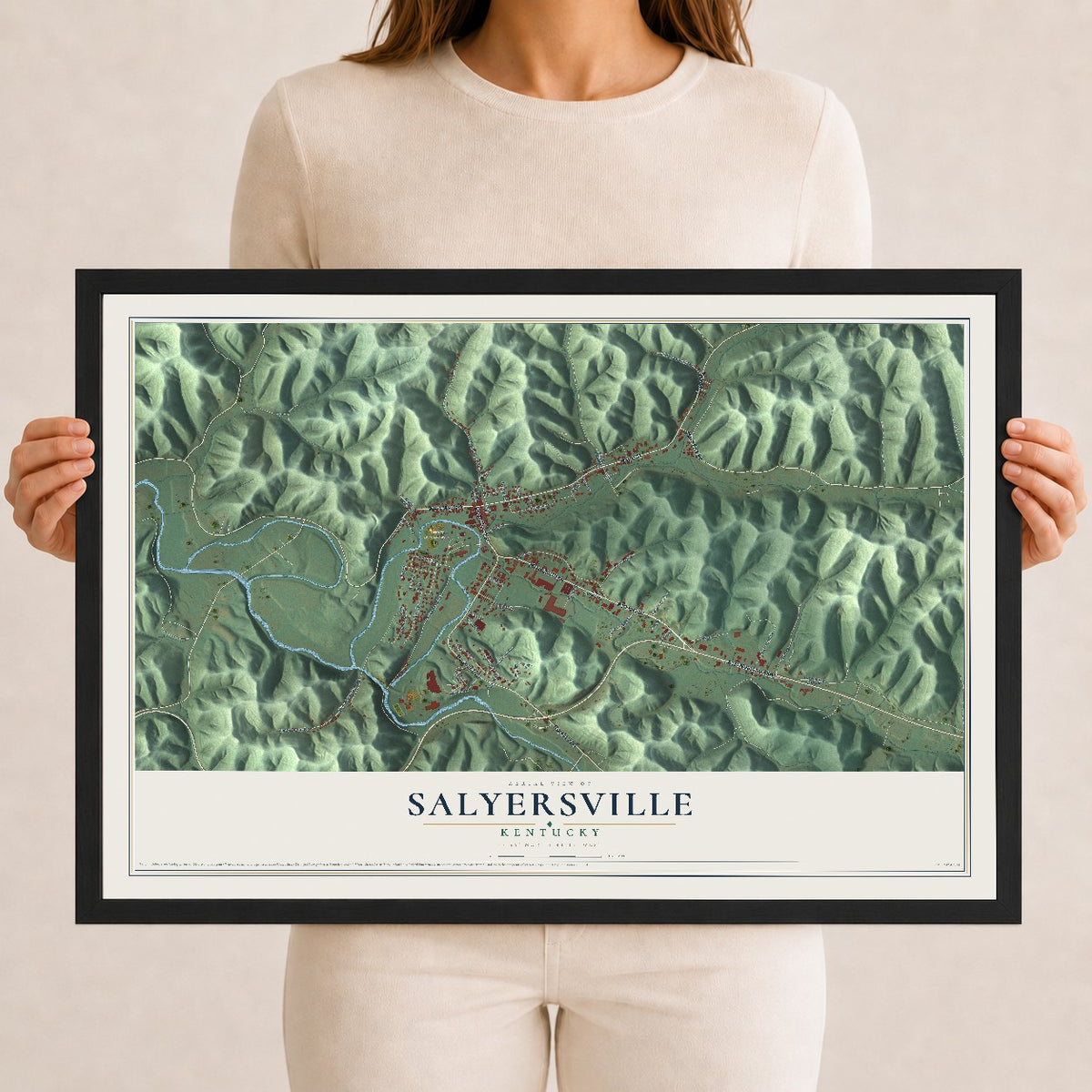 Map of Salyersville, Kentucky, 12 x 18 inch print in a black wood frame