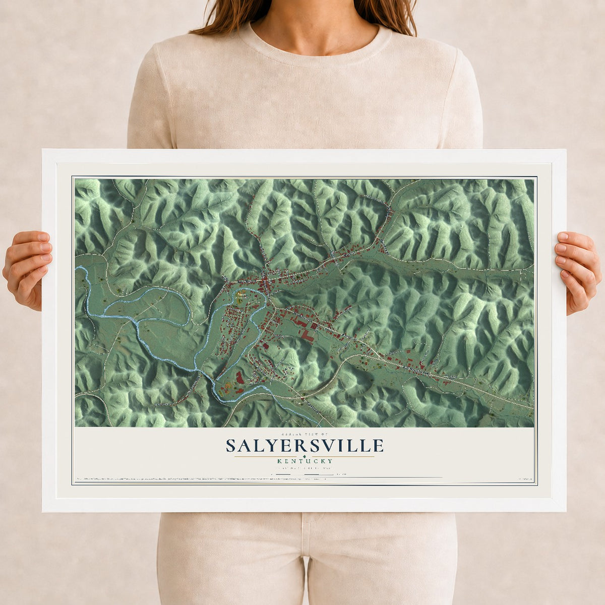 Map of Salyersville, Kentucky, 12 x 18 inch print in a white wood frame