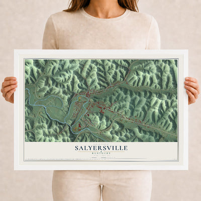 Map of Salyersville, Kentucky, 12 x 18 inch print in a white wood frame