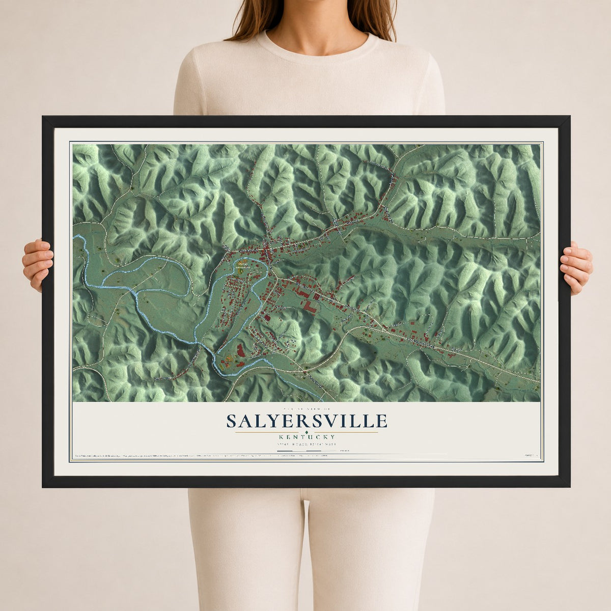 Map of Salyersville, Kentucky, 24 x 36 inch print in a black wood frame
