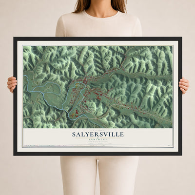 Map of Salyersville, Kentucky, 24 x 36 inch print in a black wood frame