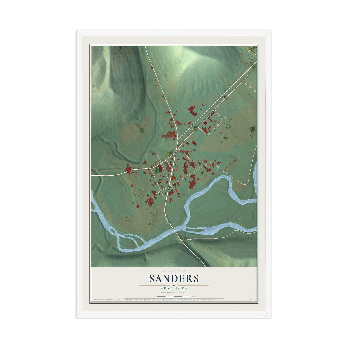 Map of Sanders, Kentucky, 12 x 18 inch print in a white wood frame