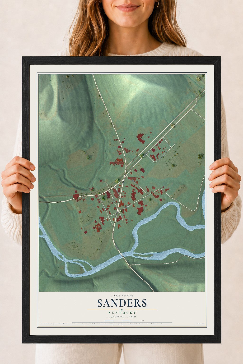 Map of Sanders, Kentucky, 18 x 24 inch print in a black wood frame