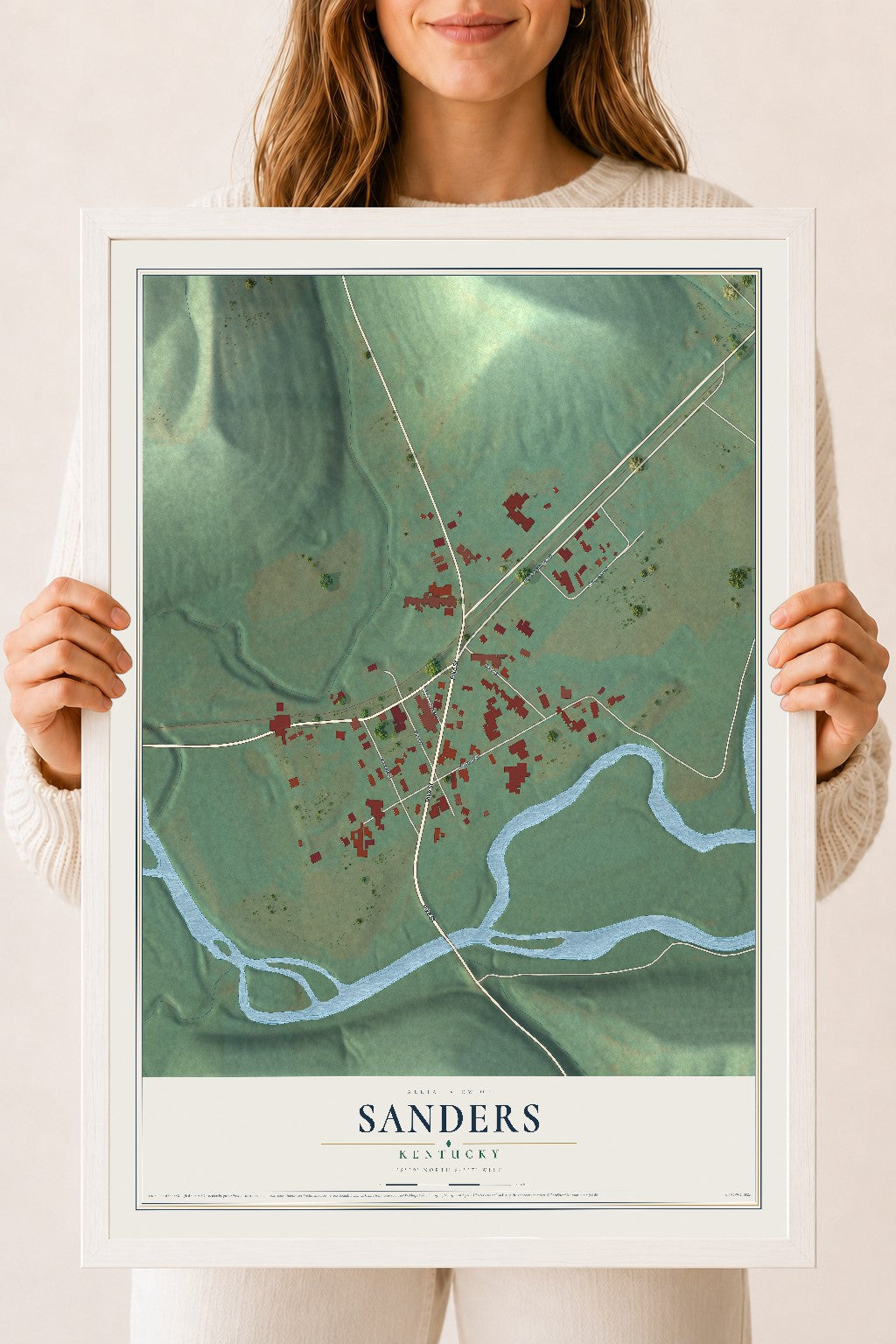 Map of Sanders, Kentucky, 18 x 24 inch print in a white wood frame