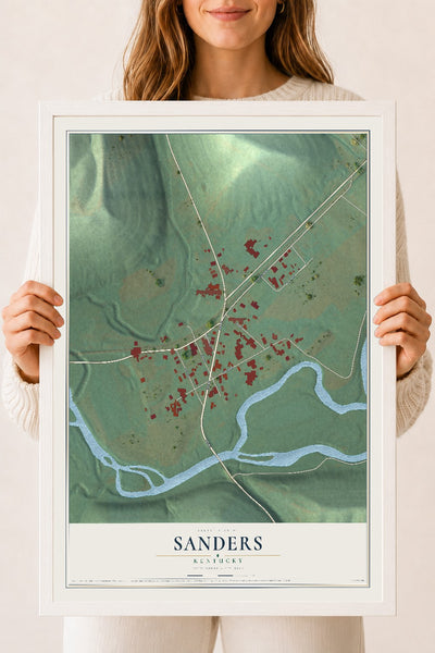 Map of Sanders, Kentucky, 18 x 24 inch print in a white wood frame