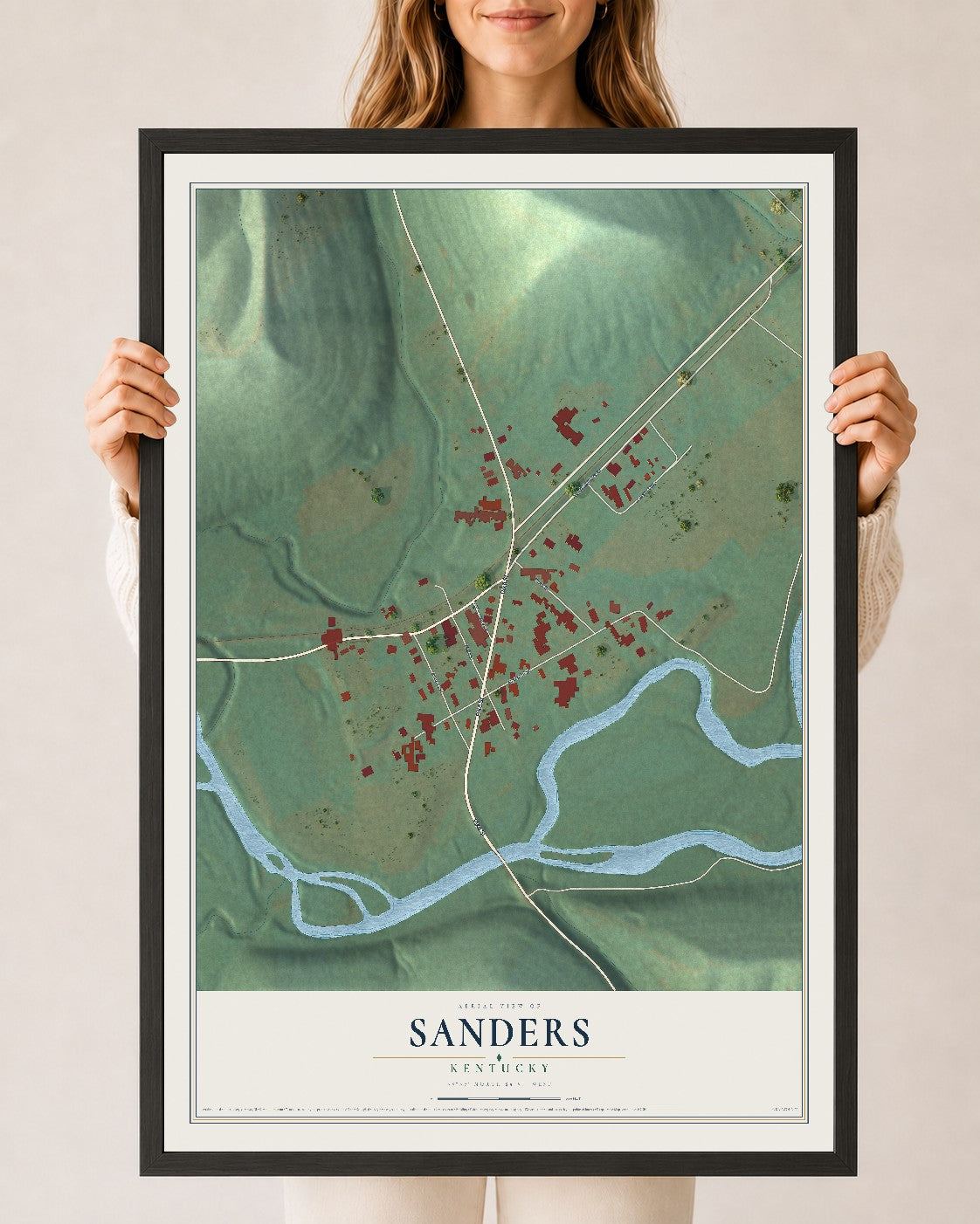 Map of Sanders, Kentucky, 24 x 36 inch print in a black wood frame