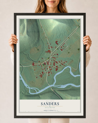 Map of Sanders, Kentucky, 24 x 36 inch print in a black wood frame