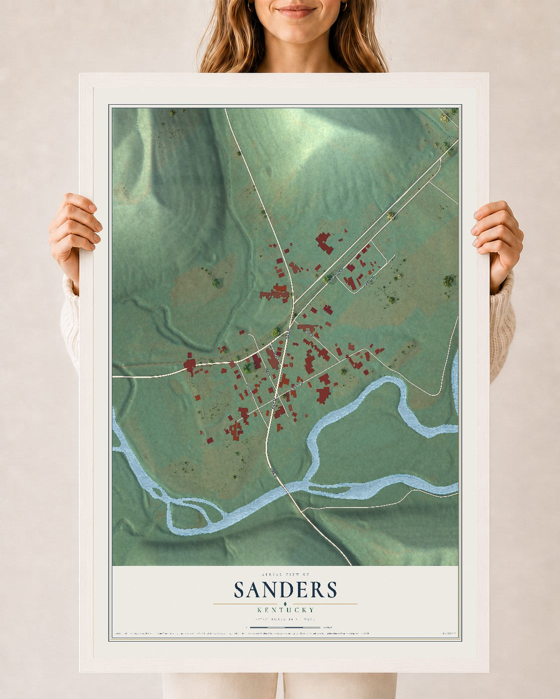 Map of Sanders, Kentucky, 24 x 36 inch print in a white wood frame