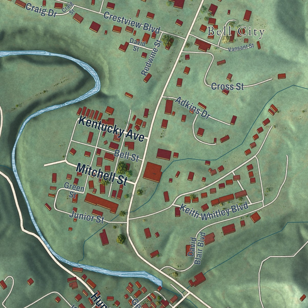 Close-up of the map of Sandy Hook, Kentucky print showing street and building detail