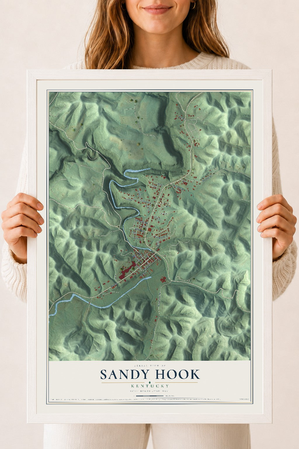 Map of Sandy Hook, Kentucky, 18 x 24 inch print in a white wood frame