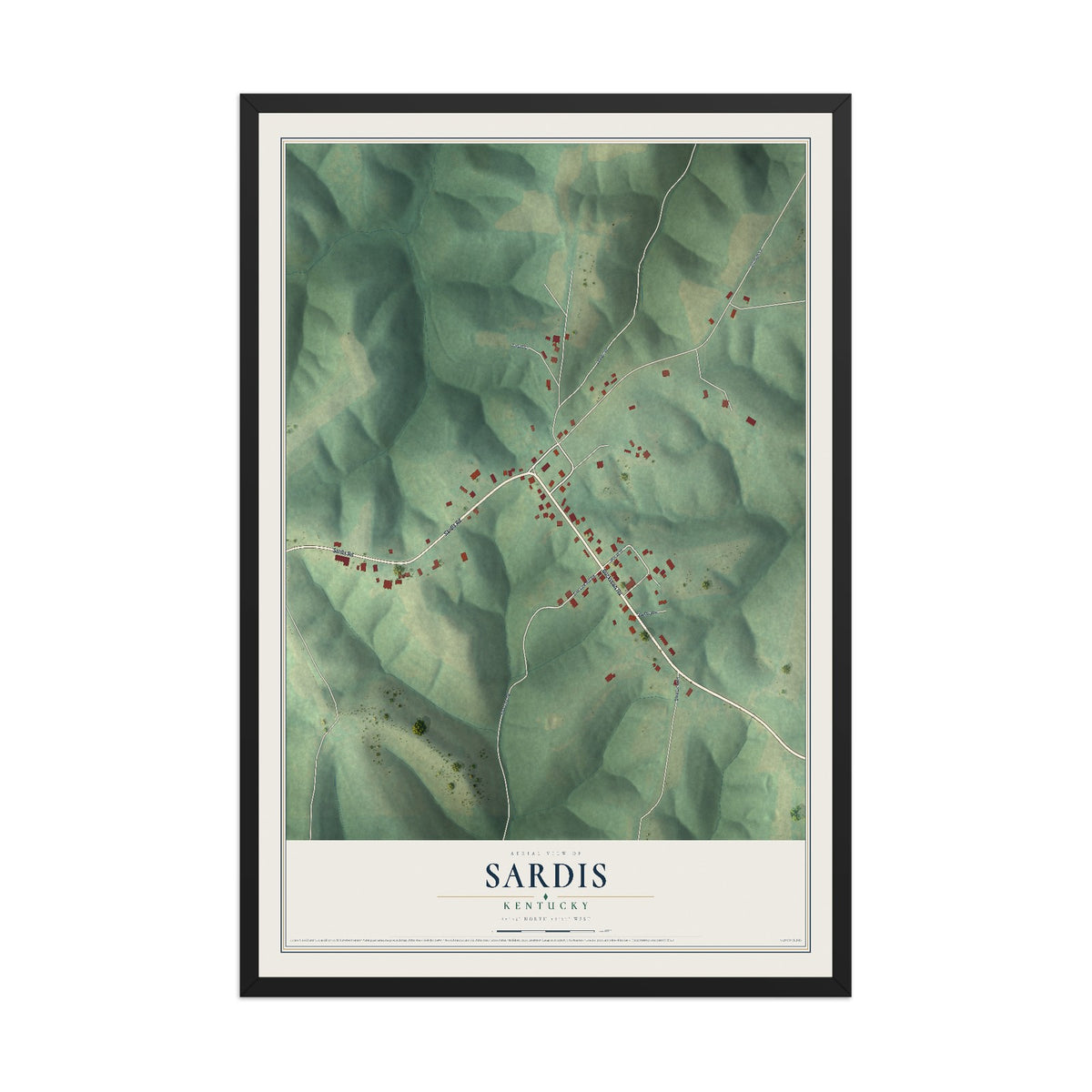 Map of Sardis, Kentucky, 12 x 18 inch print in a black wood frame