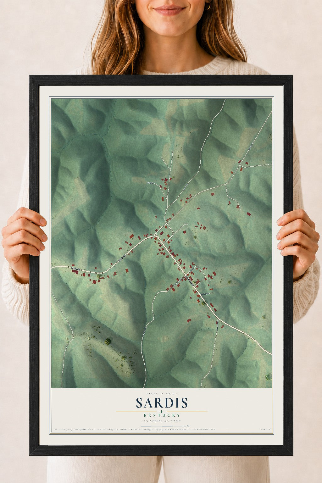 Map of Sardis, Kentucky, 18 x 24 inch print in a black wood frame