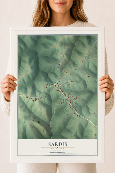 Map of Sardis, Kentucky, 18 x 24 inch print in a white wood frame