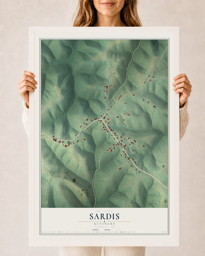 Map of Sardis, Kentucky, 24 x 36 inch print in a white wood frame