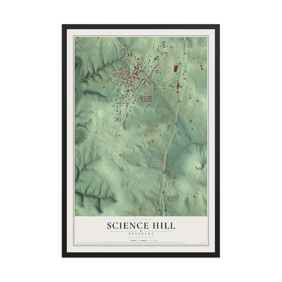 Map of Science Hill, Kentucky, 12 x 18 inch print in a black wood frame
