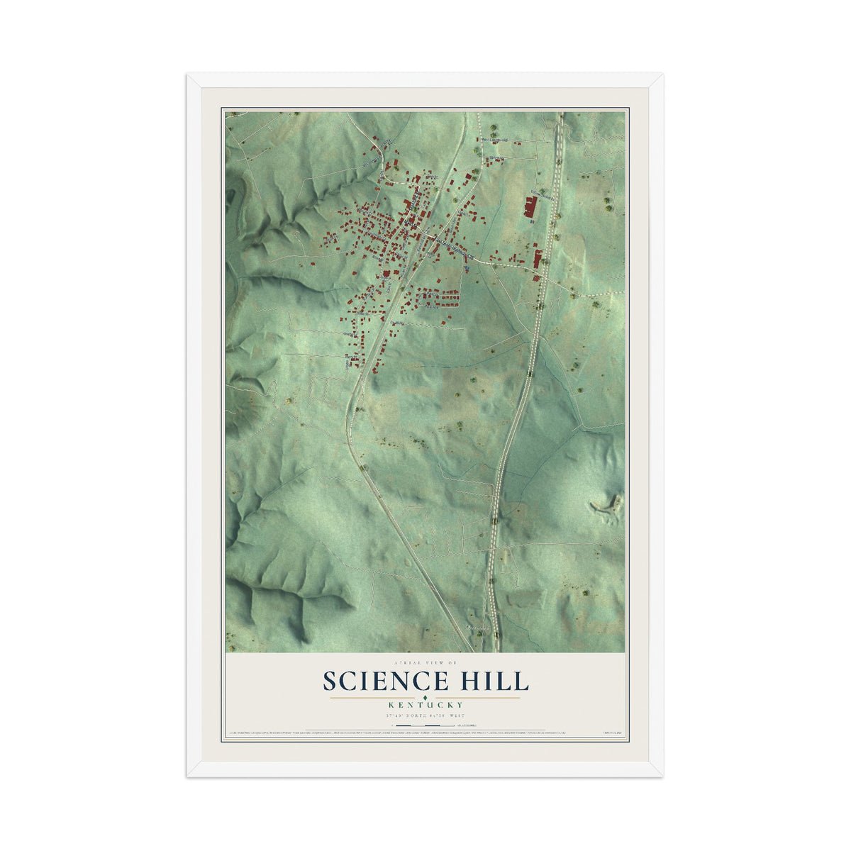Map of Science Hill, Kentucky, 12 x 18 inch print in a white wood frame