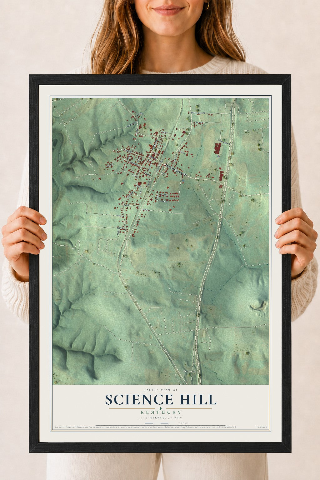 Map of Science Hill, Kentucky, 18 x 24 inch print in a black wood frame
