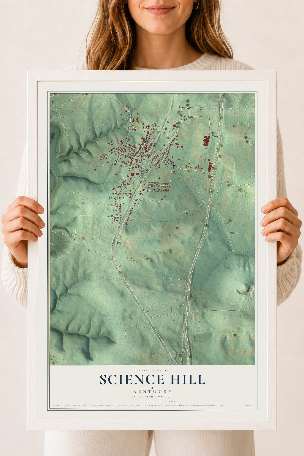 Map of Science Hill, Kentucky, 18 x 24 inch print in a white wood frame