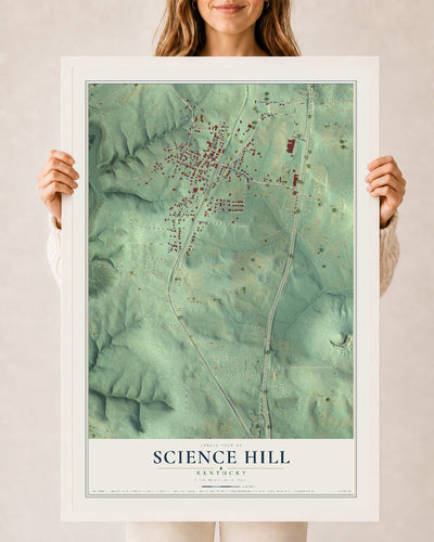 Map of Science Hill, Kentucky, 24 x 36 inch print in a white wood frame
