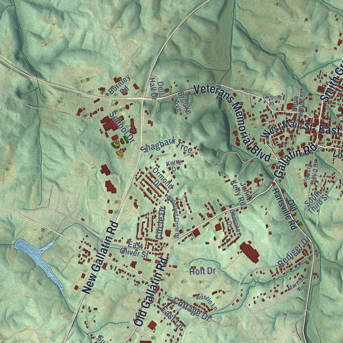 Close-up of the map of Scottsville, Kentucky print showing street and building detail