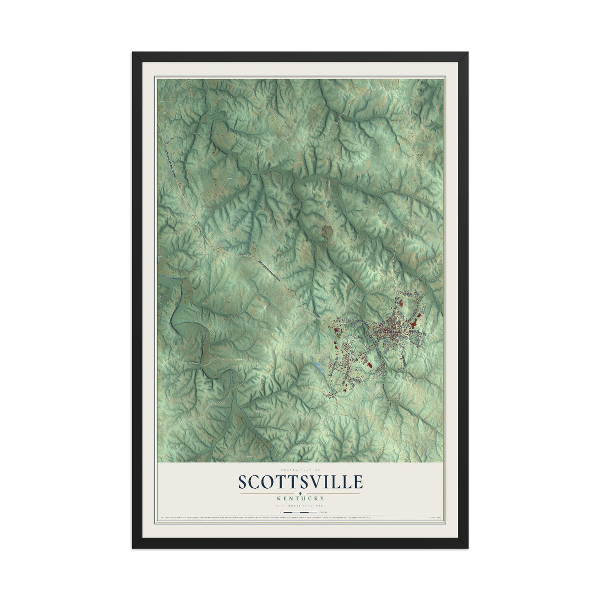 Map of Scottsville, Kentucky, 12 x 18 inch print in a black wood frame