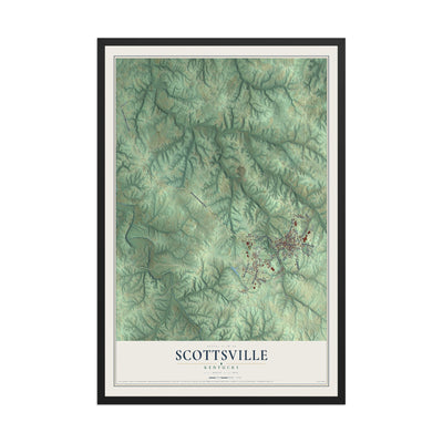 Map of Scottsville, Kentucky, 12 x 18 inch print in a black wood frame