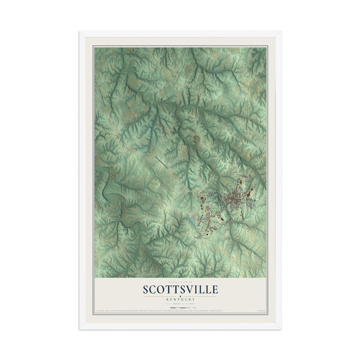 Map of Scottsville, Kentucky, 12 x 18 inch print in a white wood frame