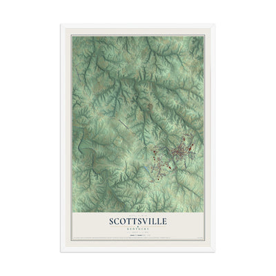Map of Scottsville, Kentucky, 12 x 18 inch print in a white wood frame