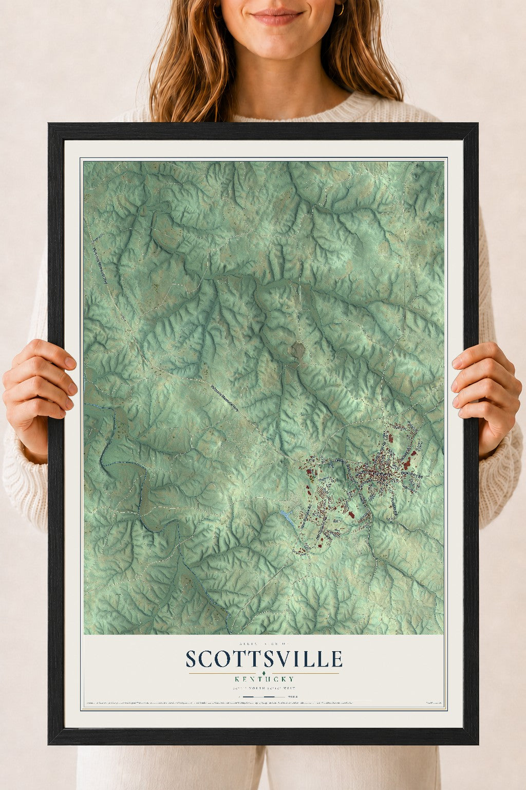 Map of Scottsville, Kentucky, 18 x 24 inch print in a black wood frame