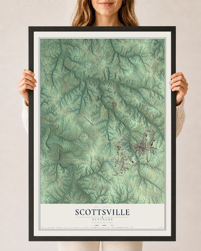Map of Scottsville, Kentucky, 24 x 36 inch print in a black wood frame