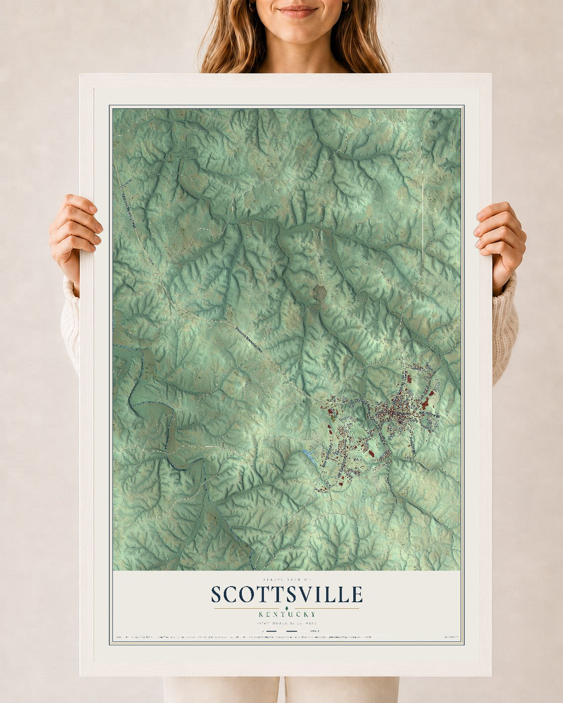 Map of Scottsville, Kentucky, 24 x 36 inch print in a white wood frame