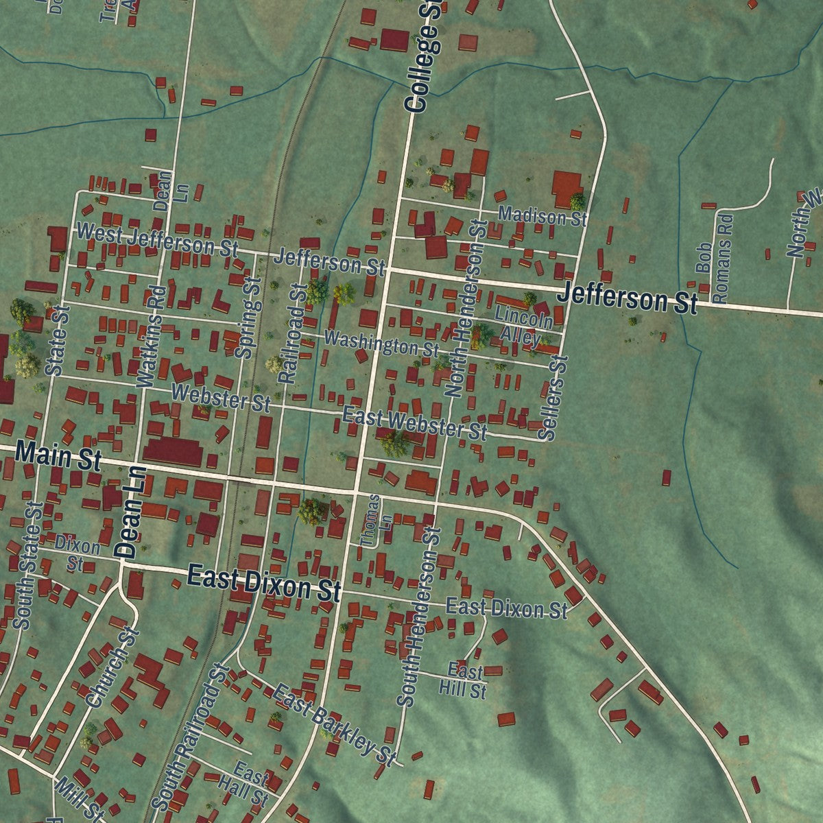 Close-up of the map of Sebree, Kentucky print showing street and building detail