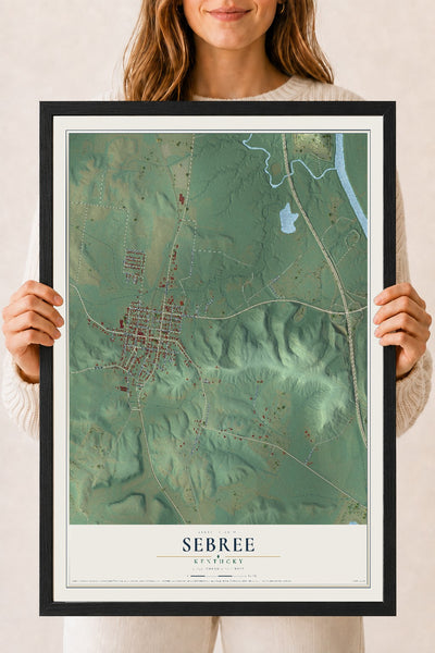 Map of Sebree, Kentucky, 18 x 24 inch print in a black wood frame