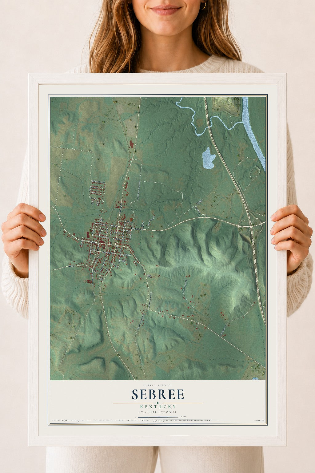 Map of Sebree, Kentucky, 18 x 24 inch print in a white wood frame
