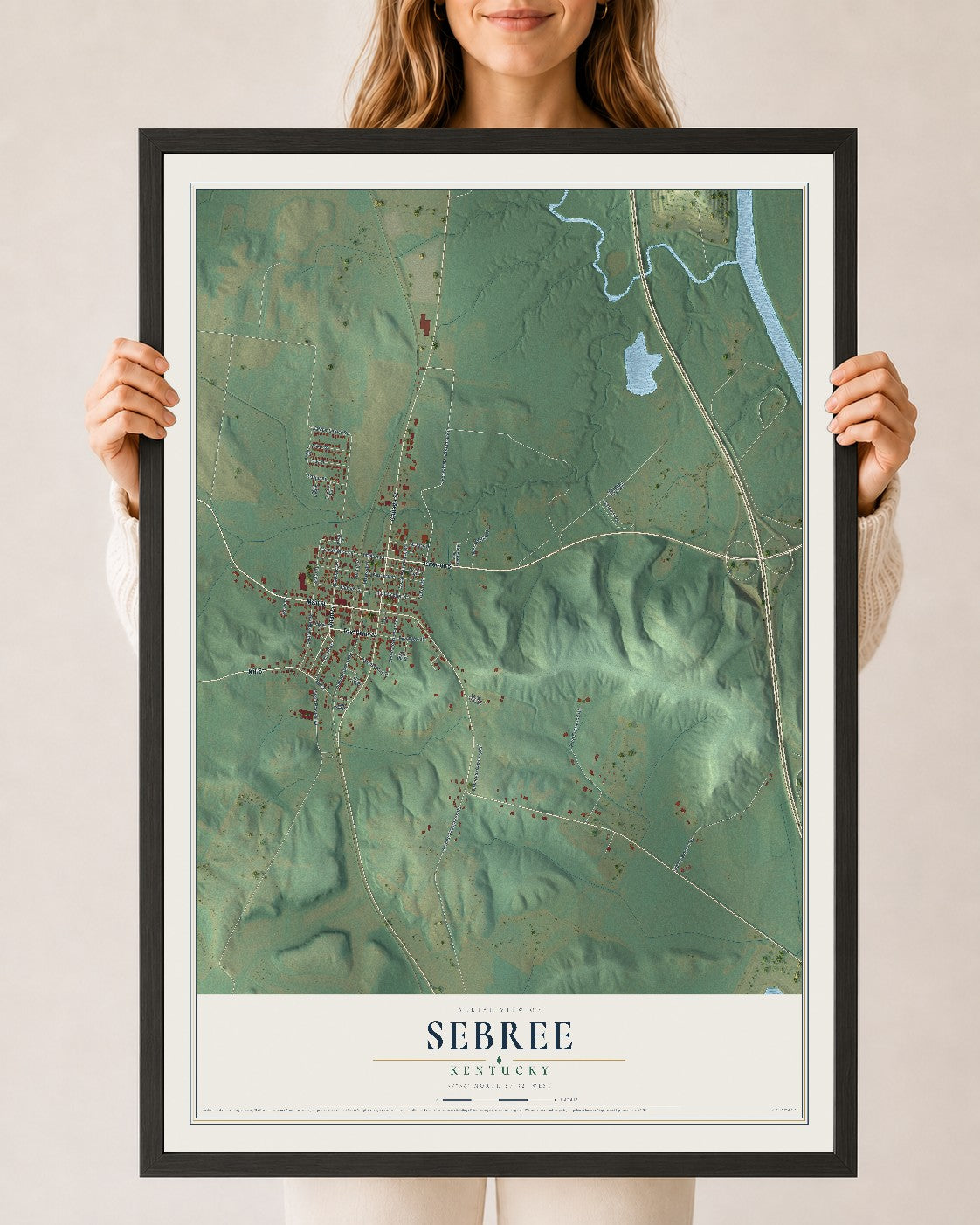 Map of Sebree, Kentucky, 24 x 36 inch print in a black wood frame
