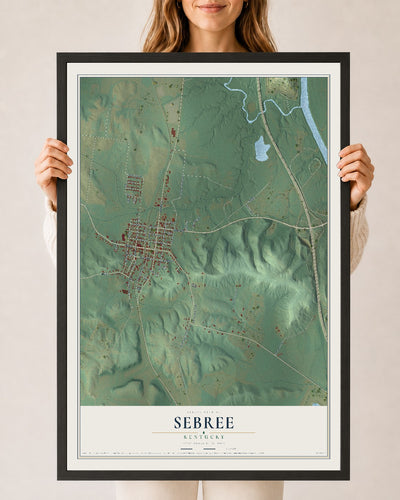 Map of Sebree, Kentucky, 24 x 36 inch print in a black wood frame